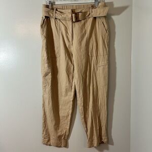 Rachel Zoe Pants Women's Size 12 High Rise Belted Linen Blend Beige Baggy